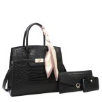 Wholesale Women Fashion Casual Solid Color Crocodile Pattern Large Capacity Silk Scarf Handbag Three-Piece Bag Set - Image 3