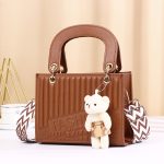 Women Fashion Casual Solid Color Rhombic Pattern Bear Pendat Handbag - Image 8