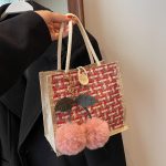 Wholesale Women Fashion Casual Color Block Cherry Pendant Linen Tote Bag - Image 4