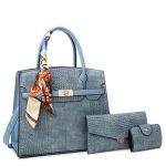 Wholesale Women Fashion Casual Solid Color Crocodile Pattern Large Capacity Silk Scarf Handbag Three-Piece Bag Set - Image 6