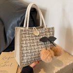 Wholesale Women Fashion Casual Color Block Cherry Pendant Linen Tote Bag - Image 5