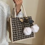 Wholesale Women Fashion Casual Color Block Cherry Pendant Linen Tote Bag
