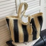 Wholesale Women Fashion Stripe Straw Woven Beach Tote Bag