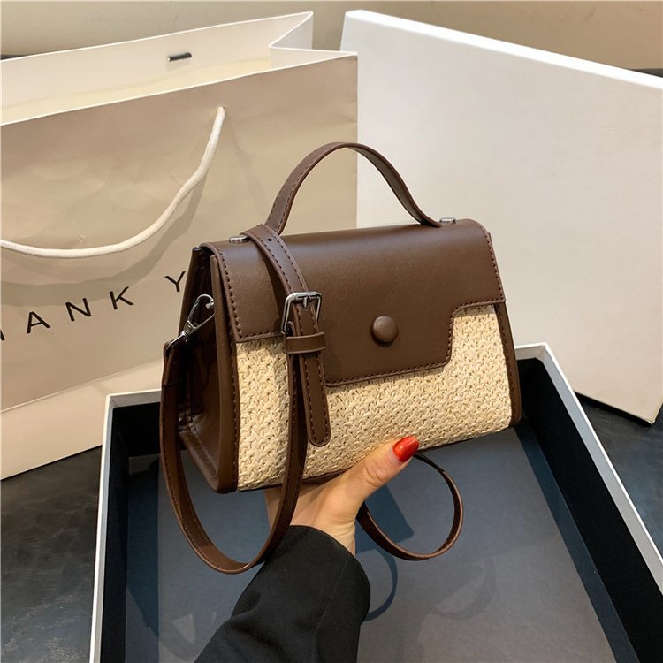 main_0-1127 Wholesale Simple Pu Straw Woven Stitching Handbag Retro Crossbody Bag - Image 1