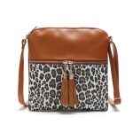 Wholesale Women Contrast Color Leopard Tassel Bag