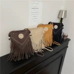 Women Fashion Retro Solid Color Rivet Tassel Shoulder Bag - Image 2