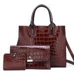 Wholesale Women Fashion Simple Solid Color Bag Crocodile Pattern Handbag Three-Piece Set