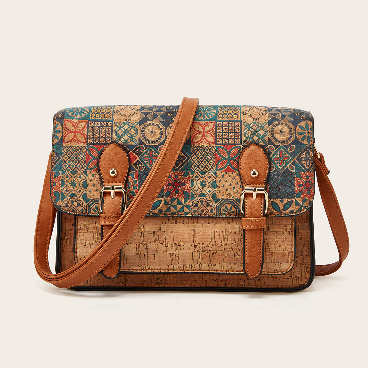 main_0-262 Wholesale Women Fashion Ethnic Style Cork Printed Large Capacity Shoulder Bag - Image 1