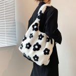 Wholesale Women Fashion Cute Black White Floral Plush Shoulder Bag - Image 2