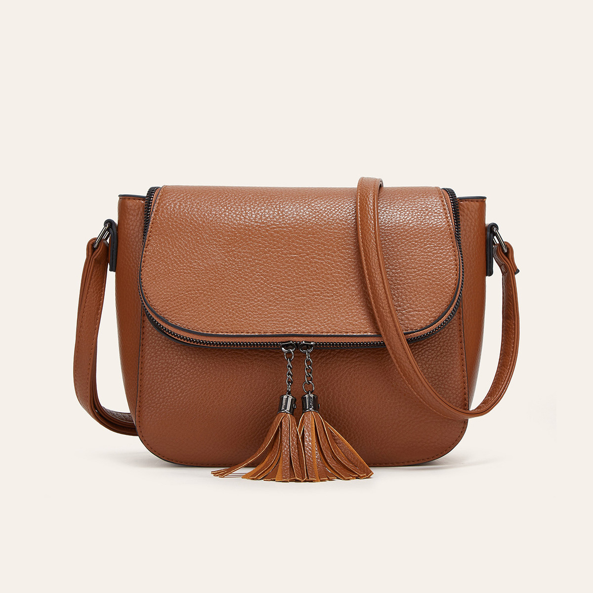 main_0-265 Wholesale Women Fashion Casual Solid Color Flip Saddle Tassel Shoulder Bag - Image 1
