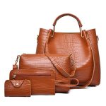 Women'S Fashion Retro Solid Color Crocodile Pattern Bucket Bag Four-Piece Bag Set