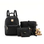 Wholesale Women Fashion Casual Solid Color Printed Bear Pendant Backpack Four-Piece Bag Set
