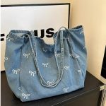 Wholesale Fashionable Large Capacity Bow Print Bud Denim Tote Bag