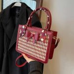 Wholesale Women Fashion Casual Red Houndstooth Bowknot Handbag