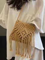 Women Casual Boho Solid Color Tassel Woven Vacation Shoulder Bag - Image 2