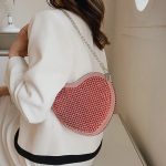 Women Fashion Casual Solid Color Rhinestone Heart-Shaped Chain Shoulder Bag