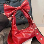Women Fashion Solid Color Rivet Bowknot Oil Wax Leather Shoulder Bag