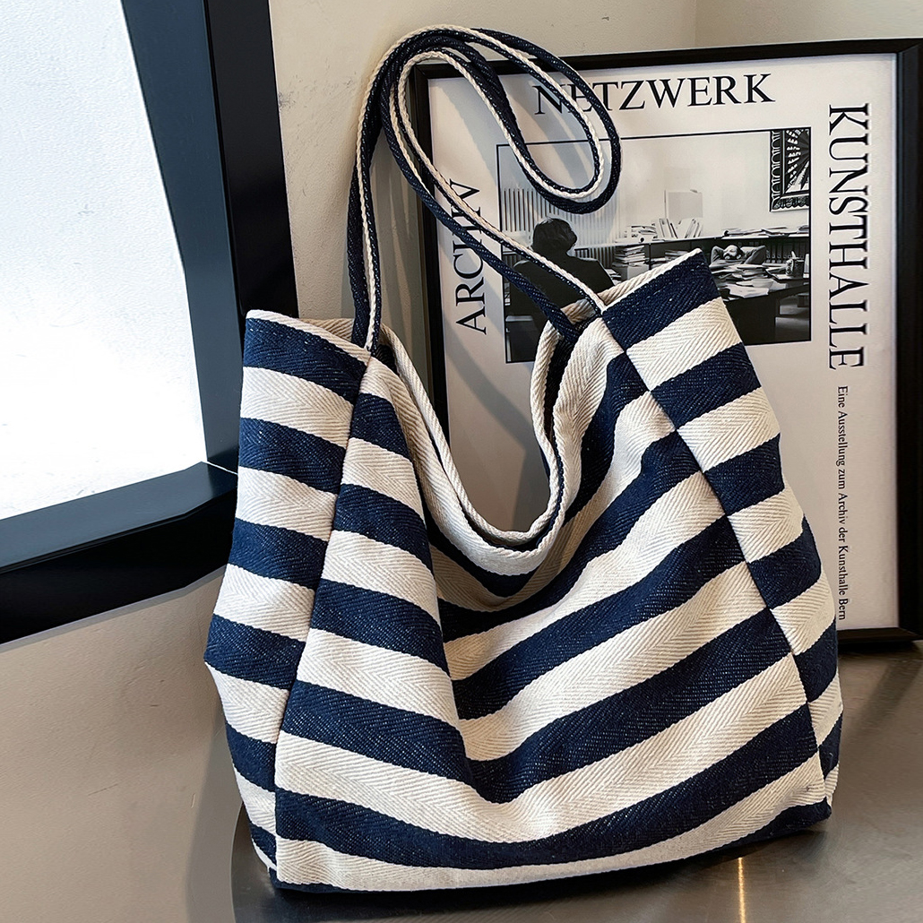 main_0-556 Wholesale Simple Casual Large Capacity Stripe Tote Bag - Image 1