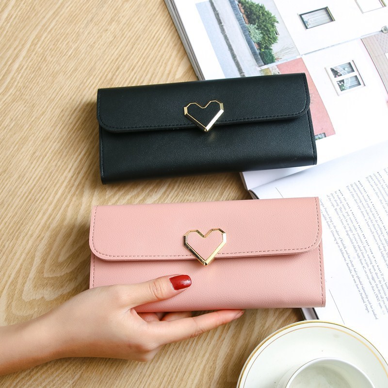 main_0-713 Wholesale Women Basic Heart Decoration Flap Design Solid Color PU Purse - Image 1