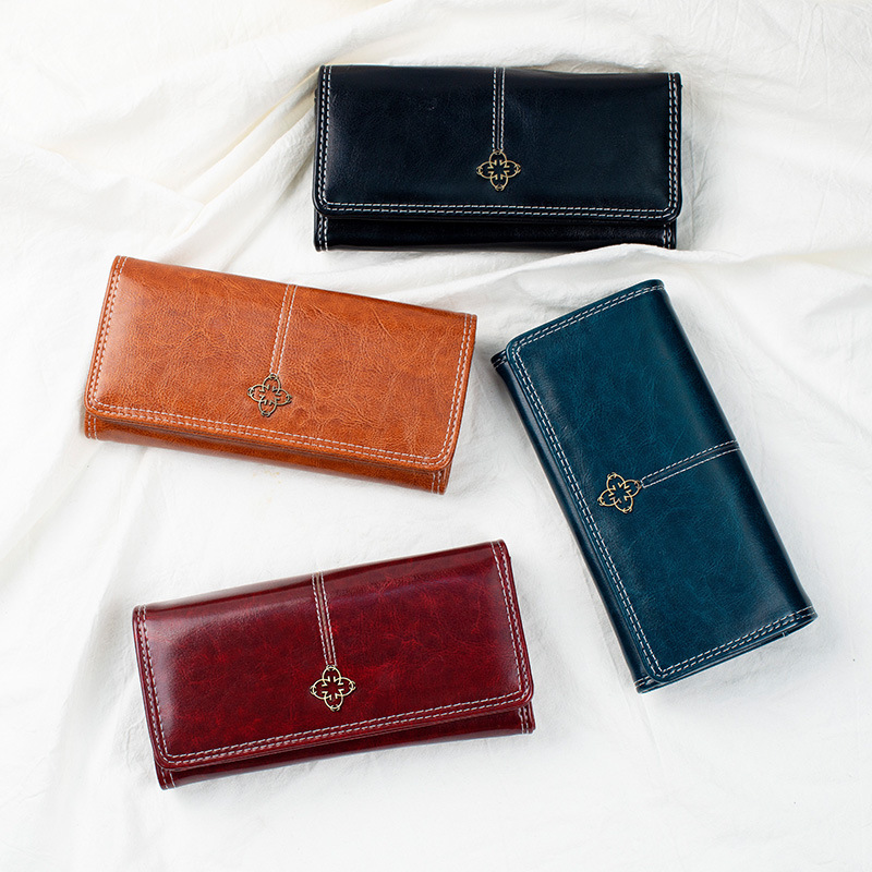 main_0-857 Women Fashion Vintage Oil Wax Leather Multi-Card Change Wallet Long Wallet - Image 1