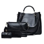 Women'S Fashion Retro Solid Color Crocodile Pattern Bucket Bag Four-Piece Bag Set - Image 2