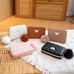 Women Fashion Embroidered Rhombus Butterfly Decorated Pom Pom Short Wallet