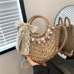 Wholesale Women Fashion Casual Floral Woven Beach Handbag