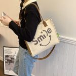 Wholesale Autumn And Winter Letters Contrast Canvas Shoulder Bag Women'S Large Capacity Casual Tote Bag Smiley Printed Canvas Bag