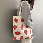 Wholesale Women Fashion Cartoon Strawberry Print Large Capacity Canvas Tote Bag