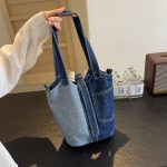 Wholesale Fashion Contrast Color Stitching Large Capacity Denim Bucket Handbags - Image 2