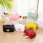 Wholesale Women Elegant Mini Flap Buckle Design Pearl Decoration Solid Color PU Crossbody Bag - Image 2