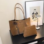 Women Fashion Retro Solid Color Large Capacity Tote Bag Two-Piece Bag Set