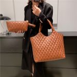 Wholesale Women Fashion Casual Solid Color Rhombic Large Capacity Handbag Two-Piece Bag Set - Image 2