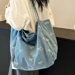 Fashionable Large Capacity Bow Print Bud Denim Tote Bag - Image 2
