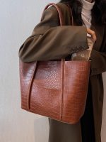 Women Fashion Casual Solid Color Large Capacity Stone Pattern Handbag - Image 4