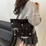 Wholesale Women Fashion Elegant Solid Color Large Capacity Pearl Bowknot Tote Bag - Image 2