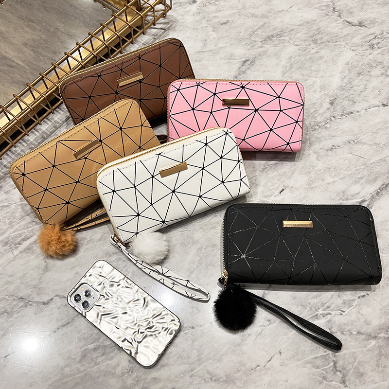 main_1-776 Wholesale Women Fashion Rhombus Hair Ball Long Zipper Coin Purse - Image 1