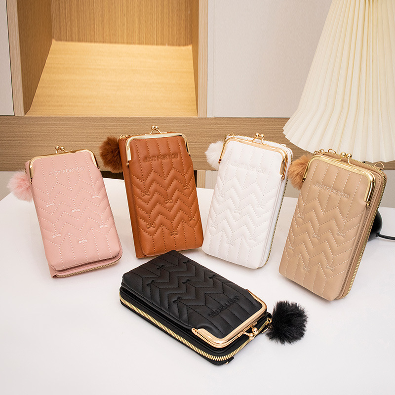 main_1-835 Women Fashion Rectangular Stitch Hair Ball Pendant Purses - Image 1