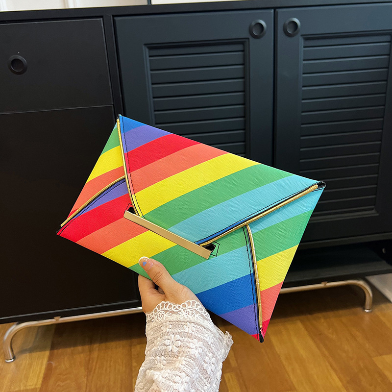 main_1-858 Wholesale Women Fashion Rainbow Color Block Envelope Rectangular Purses - Image 1