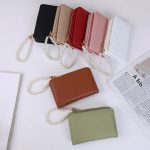 Women Fashion Solid Color Litchi Pattern Short Pearl Chain Multi-Card Coin Wallet