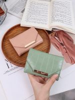 Women Fashion Casual Solid Color Crocodile Pattern Short Three-Fold Coin Wallet - Image 3