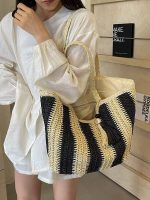 Women Fashion Stripe Straw Woven Beach Tote Bag - Image 2