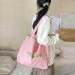 Wholesale Women Simple Solid Color Letter Printing Large Capacity Canvas Shopping Bag