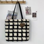 Women Fashionable Large Capacity Check Bear Pendant Canvas Tote Bag - Image 2