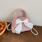 Wholesale Women Simple Cute Plush Bow Pearl Chain Crossbody Bag - Image 3