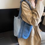 Wholesale Fashion Contrast Color Stitching Large Capacity Denim Bucket Handbags - Image 3