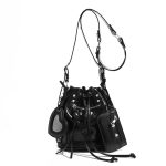 Women Fashion Casual Solid Color Bucket Rivet Drawstring Shoulder Bag - Image 3