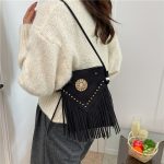 Women Fashion Retro Solid Color Rivet Tassel Shoulder Bag - Image 3