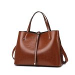 Women Fashion Casual Solid Color Wax PU Handbag Three-Piece Set - Image 3