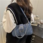 Wholesale Women Fashion Casual Solid Color Chain Belt Denim Shoulder Bag - Image 2